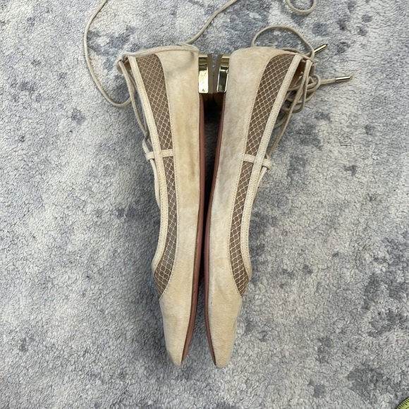 Aquazzura Dalia Pointed Toe Wrap Around Ballet Flats Cream Suede Mesh Sz 37 - Picture 12 of 14